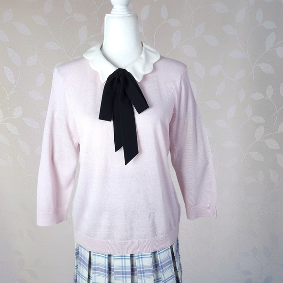 Talbots Coquette Twee Knit Top Retro Collar Merino Wool Sweater Pastel Pink L - Picture 2 of 14